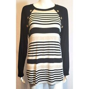 First Look Black White Stripe Crew Neck Long Sleeve T-shirt Top Size M